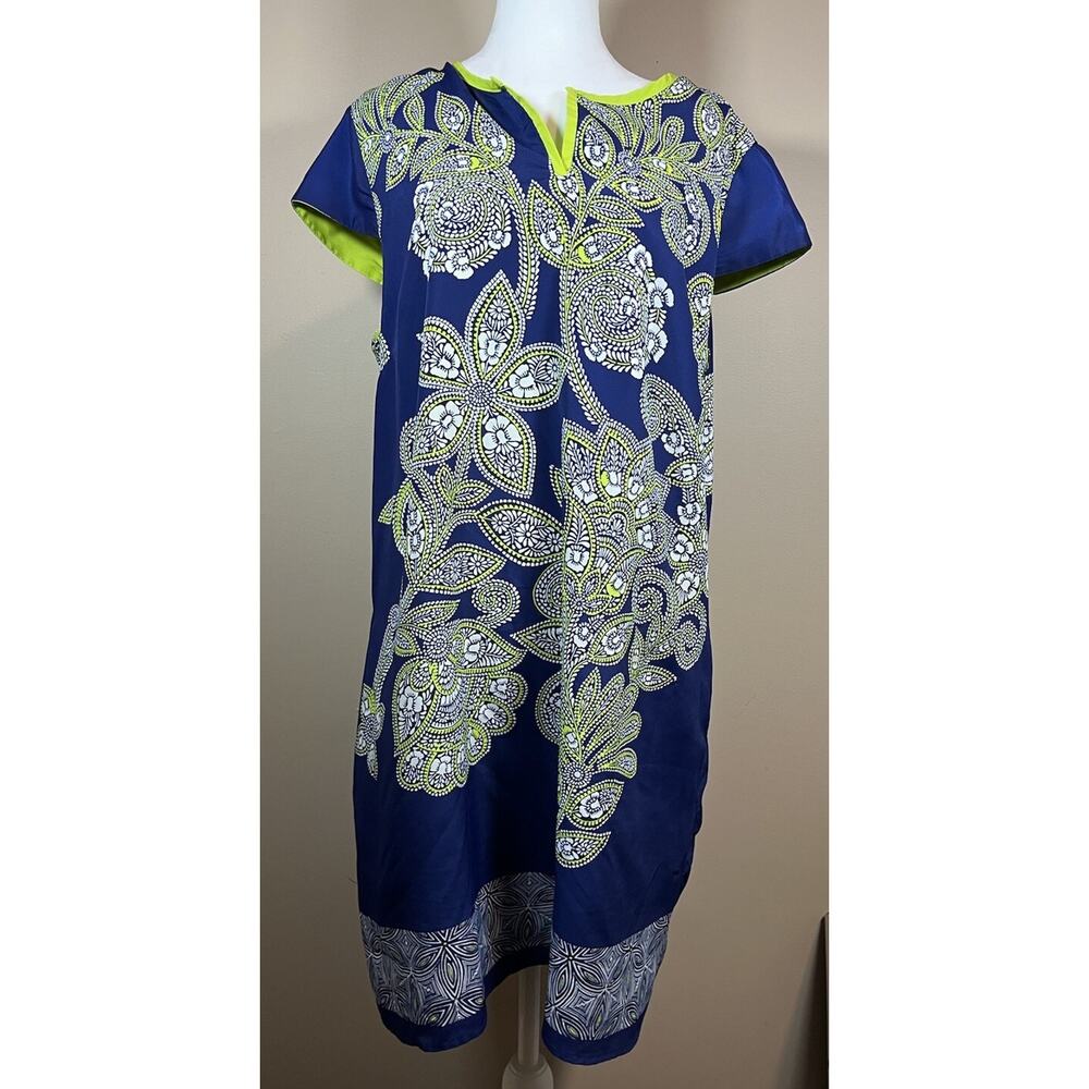 Luxology Women Cobalt Blue Paisley Short Sleeve Shift Lined Dress 16 Boho Summer